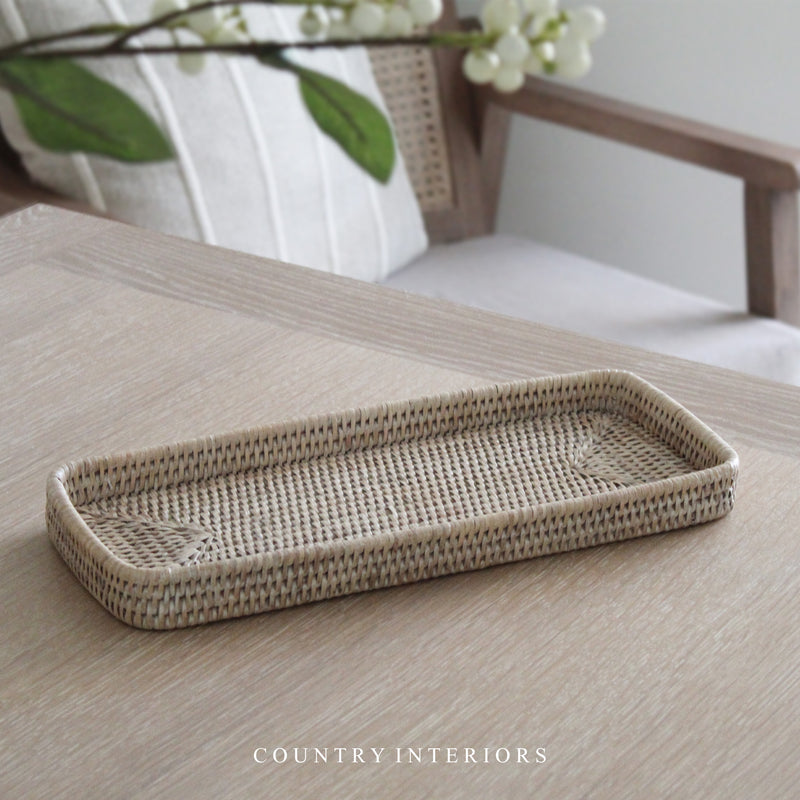 Brushed White Rectangular Rattan Tray