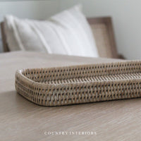 Brushed White Rectangular Rattan Tray