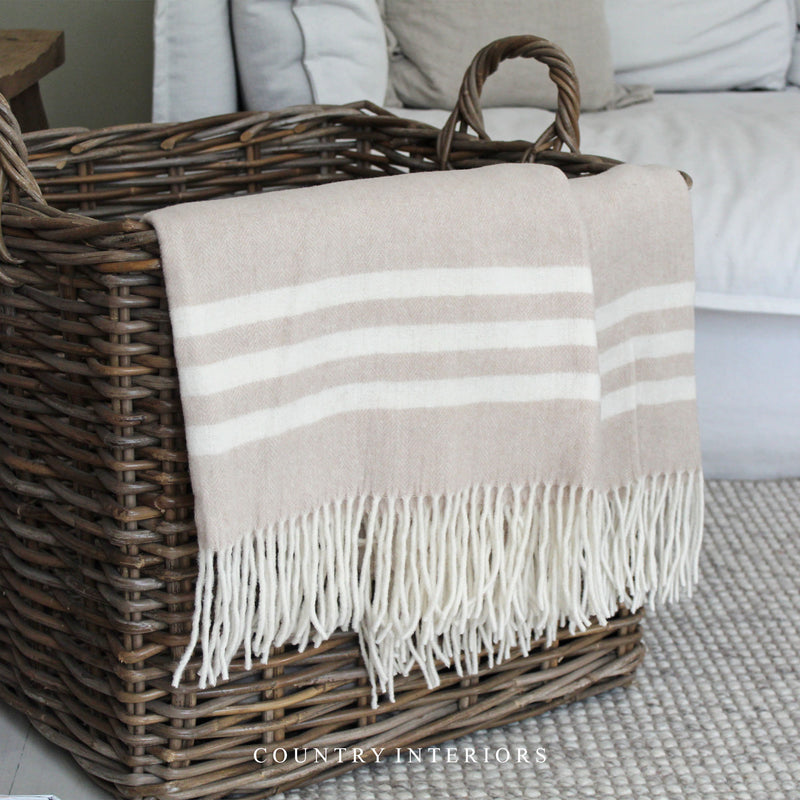 Pure Wool Throw in Beige with White Stripe - 130x180cm