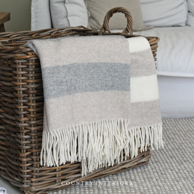 Pure Wool Throw in Camel & Grey Stripe - 130x180cm